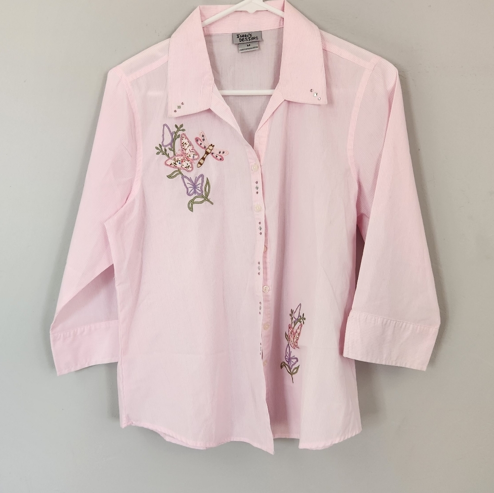 Isaac's Designs Casual Button up Blouse Shirt M Pink Floral, Butterfly.